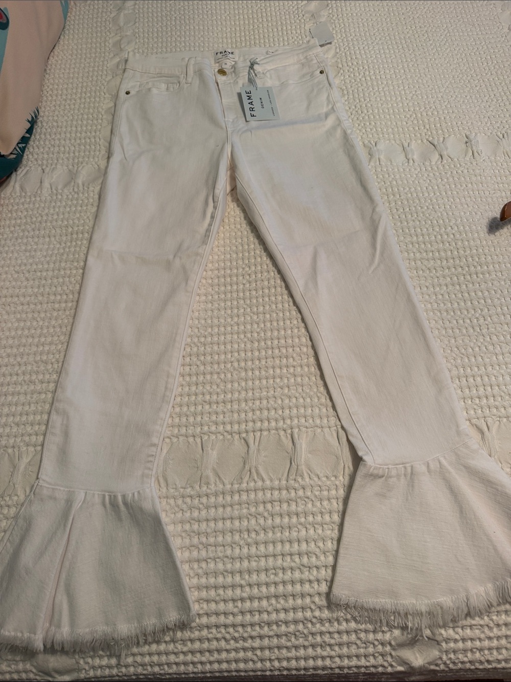 Frame Denim White Flared Ruffle-Hem Jeans